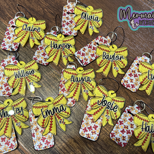 Softball Bow Bag Tag & Lip Balm Holder