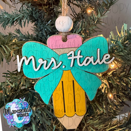 Pencil with Bow Personalized Name Wooden Ornament